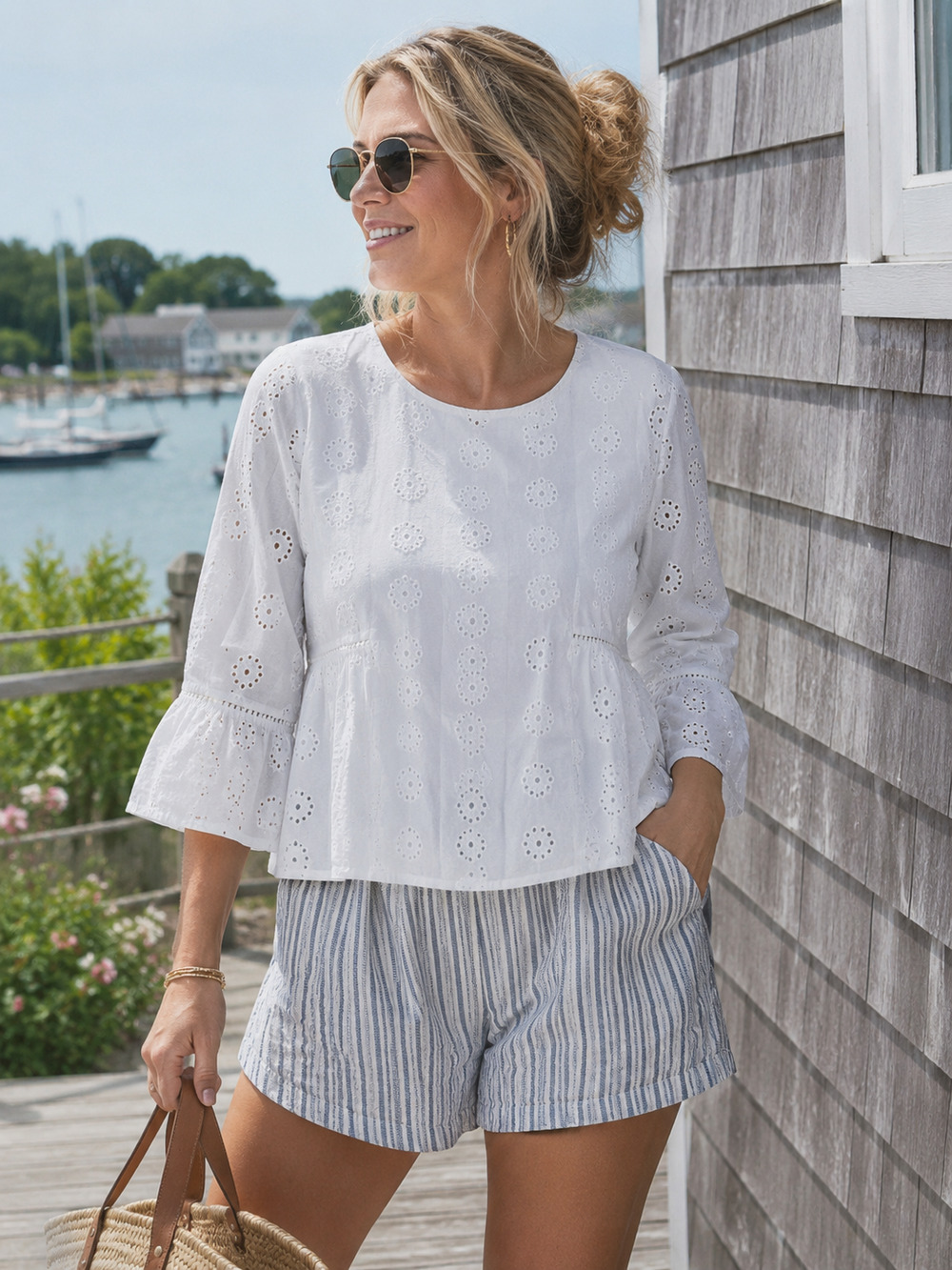 Cottagecore minimalist White Urban romantics eyelet design shirt bell sleeve Med